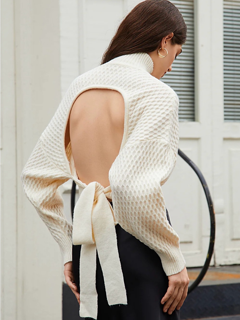 Commense Tie Back Mock Neck Sweater
